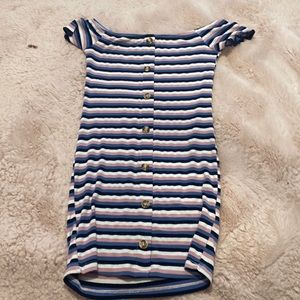 Striped black pink blue white off the shoulder mini dress!
